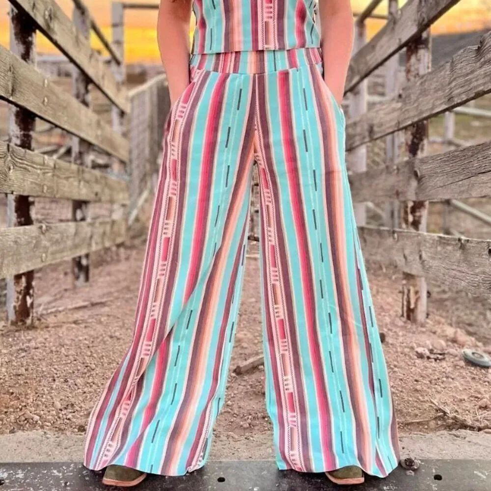 Western Serape Striped Print Palazzo Wide Leg Rodeo Ready Boho Pants